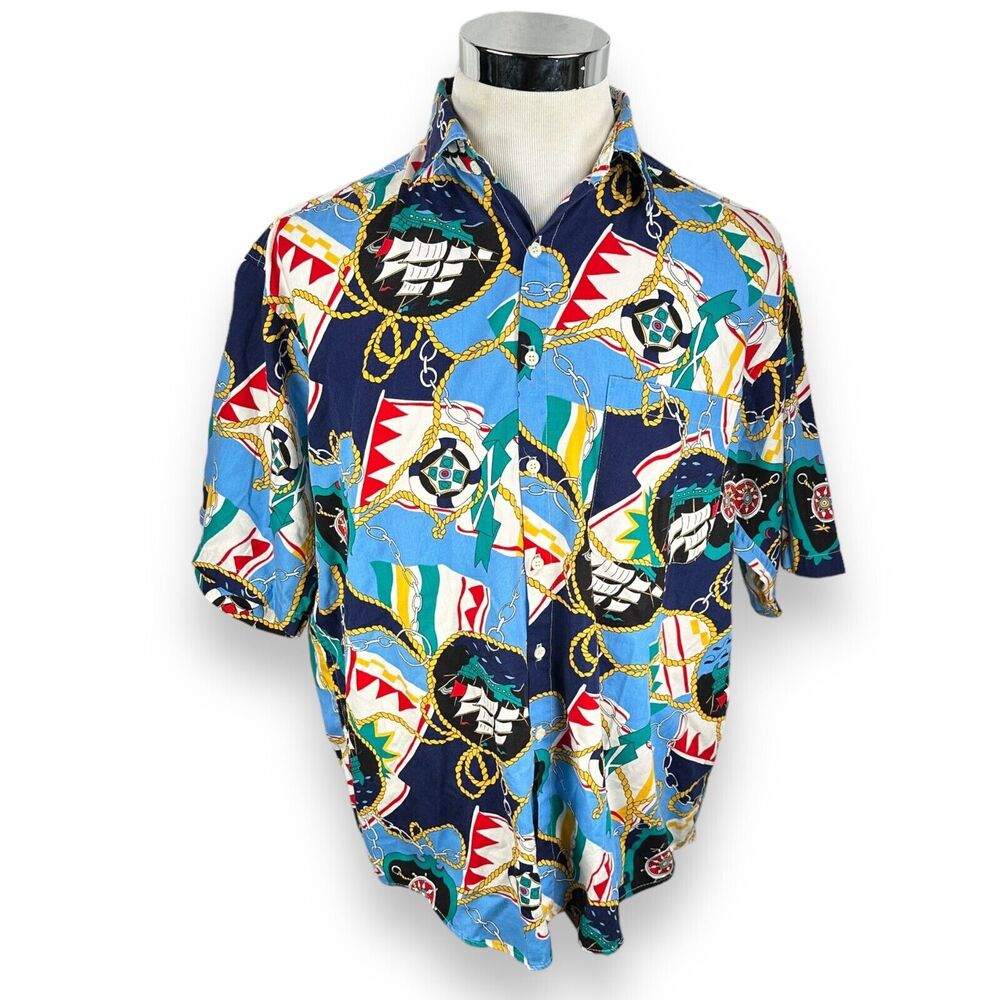 Vintage Tango Max Raab Shirt Men’s Large AOP Nautical Button Hawaiian Blue Gold‎